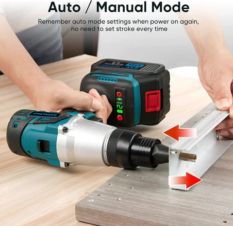 Badass Cordless 2 In 1 Rivet Nut And Pop Rivet Tool With Beefy Batteries For Fast Auto Trim Installation and Sheet Metal Fabrication Tasks That Move Like Butter with auto/manual settings shown.