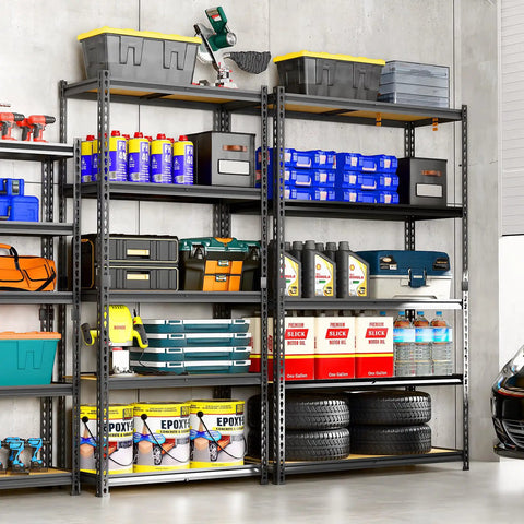 Heavy Duty Storage Shelving Unit, 5 Tier Metal Rack For Kitchen And Garage, Adjustable Organizer Built Tough To Carry All Your Gear, 35 By 16 By 72 Inches, Beefy Steel Frame, Pack Of Two filled with tools and supplies.