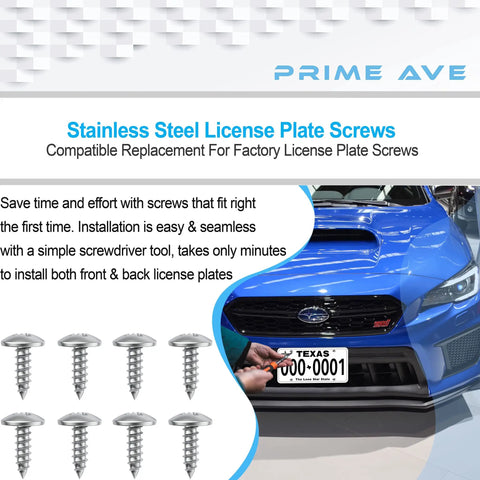 Stainless Steel License Plate Screws Set Eight Pack For Front And Rear Plates Rattle Proof And Rustproof Hardware For Cars Frames And Covers Car Tag Screws That Keep Plates Tight Subaru Compatible displayed with a car