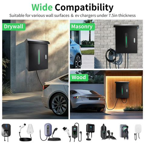 Outdoor EV Charger Lock Box Hella Secure Storage Enclosure Featuring A Crystal Clear Viewable Window For Tesla Wall Connectors and Universal Electric Vehicle Plugs Weatherproof Dope Cover Bottom Cable Access Door Simple Install For Your Daily Driver displayed on various wall surfaces including wood, masonry, and drywall.