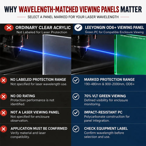 Why Wavelength-Matched Viewing Panels Matter infographic showing comparison of laser protection options for Premium Dual Band Laser Safety Window.