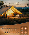 LED Outdoor String Lights 109 Ft With 52 Edison Shatterproof Bulbs Plus 2 Spares over tent in scenic landscape