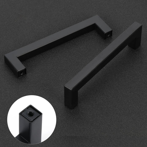 Matte Black Cabinet Pulls Square Drawer Handles with 3-3/4 Inch Hole Centers 96 mm Stainless Steel, shown top view and close-up