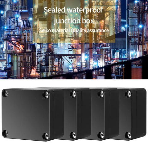 Built Tough Abs Plastic Electrical Junction Box Set Of Six IP65 Water Resistant Power Housing For Smooth Diy Projects And Circuit Assembly 2.5 X 2.3 X 1.4 Inches, four black enclosures.