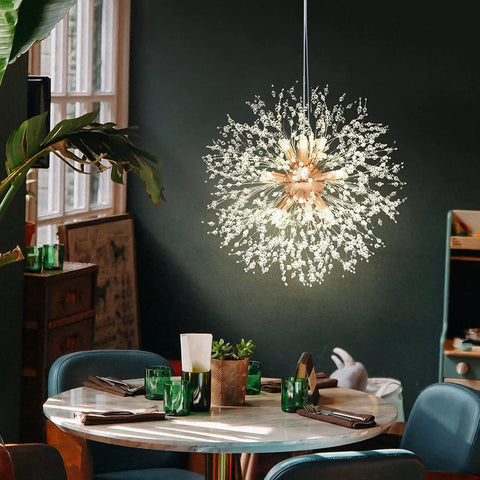 Lit Dandelion Crystal Chandelier With Firework Sparkle 9 Light Gold Pendant Light Fixture over dining table