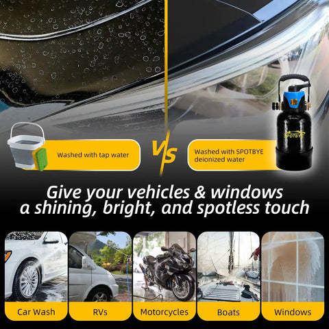 Portable Deionized Water System For Car Wash And Auto Detailing Features Heavy Duty Mixed Bed Resin next to spotless car surface.