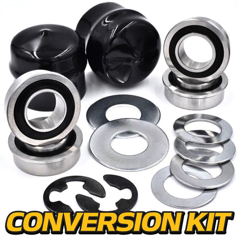 HD Switch Front Wheel Bearing Bushing To Bearing Conversion Kit For Lawn Mowers And Garden Tractors, Beefed Up shown with parts