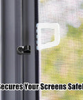 Close-up of Rock Solid Stormproof Retainers and alloy screw securing window screen, heavy duty weather nylon frame, 23x20 mm.