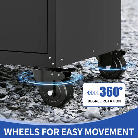 Tough As Nails 30 Inch Tool Storage Cabinet Featuring Heavy Duty Steel Build And Roll Smooth Lockdown Casters For Effortless Mobile Workshop Organization In Black with 360-degree rotating wheels.