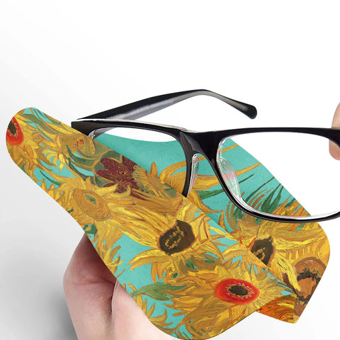 Microfiber lens cleaning cloth 6x6 with turquoise background and Van Gogh sunflower design for eyeglasses