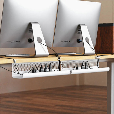Under Desk Cable Management Kit 26 Piece Hexagonal Ventilated Design with cable clips neatly installed under office desk.