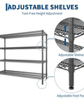 Solid Build Top Tier Heavy Duty Four Tier Metal Wire Shelving Rack With Rust Resistant Powder Coated Steel Frame For Tough Garage Storage And Apartment Setup with adjustable shelves and foot pads.