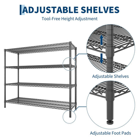 Solid Build Top Tier Heavy Duty Four Tier Metal Wire Shelving Rack With Rust Resistant Powder Coated Steel Frame For Tough Garage Storage And Apartment Setup with adjustable shelves and foot pads.