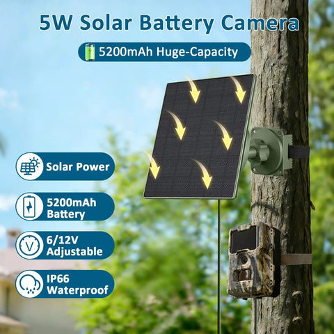 Heavy Duty 5W Solar Panel For Trail Cameras Equipped With A 5200 Mah Backup Battery mounted on a tree with game camera.