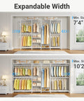 Heavy Duty Expandable Clothes Rack And Wardrobe Closet Organizer With Adjustable Multi Tier Shelves showing min and max width sizes 7'4" and 10'2".