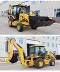 Compact Backhoe Loader With Towable Excavator Arm For Construction, Trenching, Farm And Earthmoving Work, angle view on street
