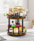 Top Tier Heavy Duty Rustic Lazy Susan Turntable With Smooth Spin Rotating Spice Rack And Reinforced Metal Frame Sturdy Pantry Seasoning Organizer For Kitchen Cabinet Setup displayed with various jars and bottles.