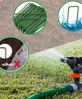 U Shaped Galvanized Steel Ground Pins Garden Stakes And Staples For Landscape Netting And Ground Sheets Heavy Duty Pegs 6 Inch 40 Pack Green Yard Workhorse shown with illustrations of use in garden setting.