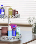 12 Inch 2 Tier Lazy Susan Turntable Organizer Adjustable Height Smooth Rotation Kitchen Countertop Spice Rack White Heavy Duty with bottles and jars.