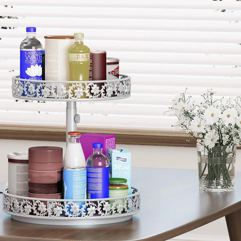 12 Inch 2 Tier Lazy Susan Turntable Organizer Adjustable Height Smooth Rotation Kitchen Countertop Spice Rack White Heavy Duty with bottles and jars.