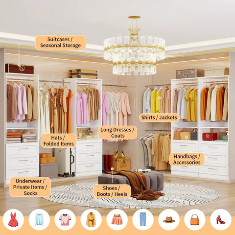 Customizable Four Piece Closet System With Twelve Wooden Drawers And Open Shelves Expands From Eight To Twenty One Feet showcasing organized clothing and accessories.
