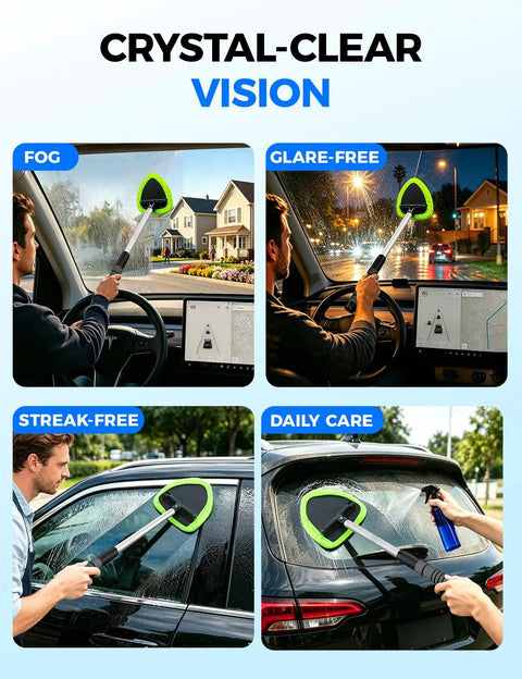 Extendable Interior Windshield Cleaner Tool With Four Plush Microfiber Pads For Streak Free Car And Home Window Detailing That Pulls Double Duty Without Any Sweat in action helping to clear fog and glare.