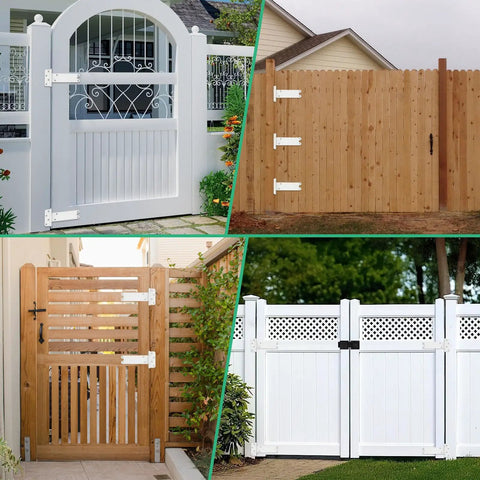 Badass 6 Inch Gate Hinges With 280 Pound Capacity Matte White Finish 4 Pack Heavy Duty T Strap Barn Door Hardware on various gates.