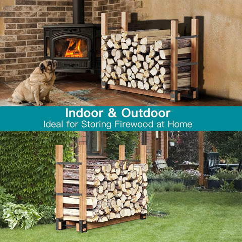 Adjustable Firewood Rack Set Of 4 For Outdoor And Indoor Use Heavy Duty Steel Log Stacking Stand Brackets in garden and near fireplace