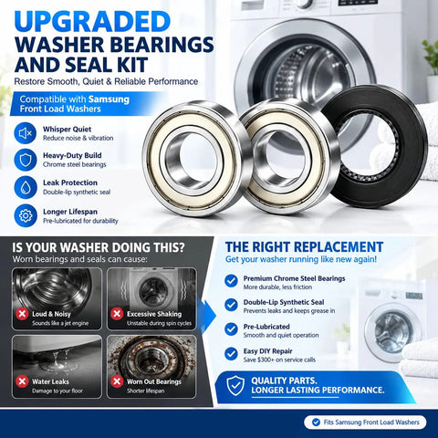 Slap On This Heavy Duty Washer Tub Bearing Seal Kit To Stop Grinding Groans And Drum Leaks Fast Your Machine Will Run Like New For Smooth Quiet Laundry Days Ahead, featuring chrome steel bearings and synthetic seal.