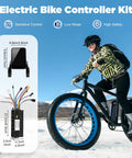 Brushless Electric Bicycle Controller Kit 36V And 48V 750-1200W With FOC Sine Wave For Ultra Quiet, Ultra Smooth Ride, Effortless City Commute, Weekend Cruisin, And Quick Performance Upgrades. Black aluminum controller with LCD display and wiring, 21.2cm x 5.5cm x 11.5cm