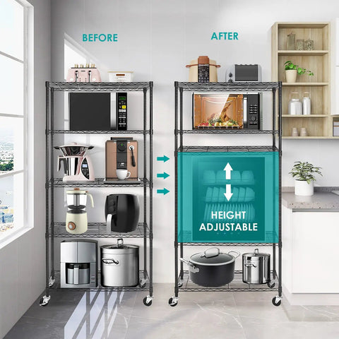 Total Workhorse Five Tier Black Wire Shelving Rack With Smooth Rollers Fully Adjustable NSF Certified Metal Storage Unit For Kitchen Pantry Garage Go Anywhere Rolling Caster Shelves Haul Three Hundred Thirty Pounds before and after comparison in a modern kitchen.