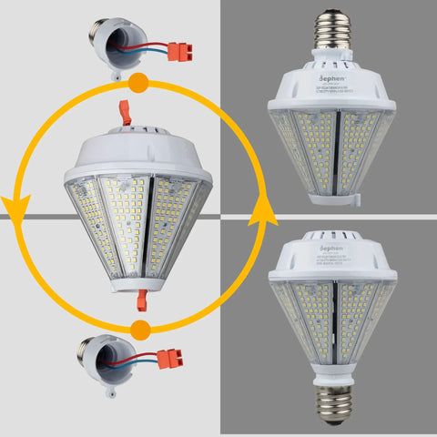 80W LED Corn Light Bulb With Removable E26 And E39 Base, Beefy 10400 Lumens, 5000K Daylight; bulb and removable base details