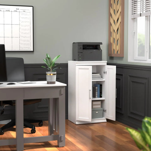 Versatile Modular Storage Shelf With Three Adjustable Shelves Stackable Closet Organizer featuring solid white backing in a home office.