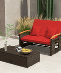 Patio Rattan Daybed With Four Level Adjustable Backrest And Handy Storage Ottoman Outdoor Wicker Loveseat With Red Cushions