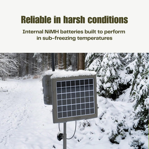 Keep Your Trail Cams Rolling Smooth All Season Long With This Top Rated Heavy Duty Solar Power Bank For CuddeLink And Tracks Two Pack Wildlife Monitoring Setup in snowy forest.