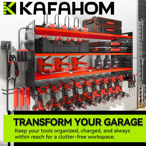 Heavy Duty Wall Mount Power Tool Organizer With Nine Slot Drill Holder And Built In Seven Outlet Charging Station Hardcore Garage Storage Rack with tools neatly arranged.