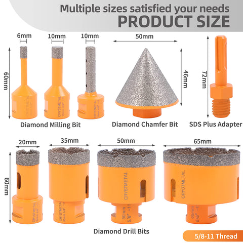 Diamond Core Drill Bits Set 6mm To 65mm Vacuum Brazed Tile Hole Saw 9 Pieces Pro Grade Five Eighths By Eleven Thread display