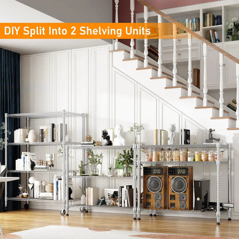 Dang Solid Four Tier Heavy Duty Metal Wire Shelving Unit With Ready To Roll Casters And Super Adjustable Heights For Garage Workshop And Home Tool Storage Rack showcased as two split units under a staircase.
