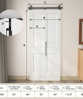 Top Shelf Two Panel Bifold Barn Door In Crisp White Primer Coating Measuring 36 By 84 Inches shown with dimensions and sliding track.