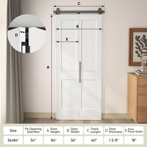 Top Shelf Two Panel Bifold Barn Door In Crisp White Primer Coating Measuring 36 By 84 Inches shown with dimensions and sliding track.