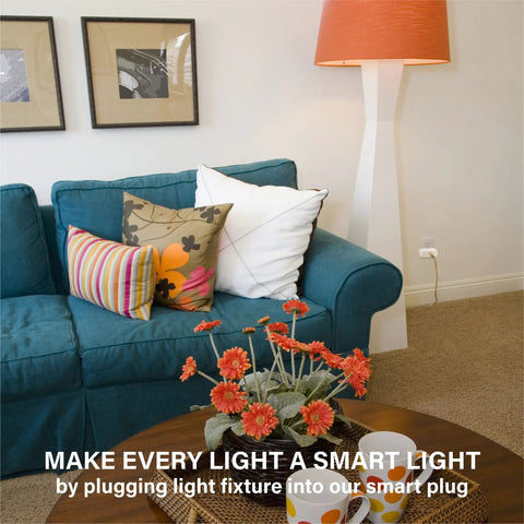 Living room with floor lamp connected to Smart Plug With S1 Auto Pairing, Alexa Compatible, Energy Monitoring, no hub needed
