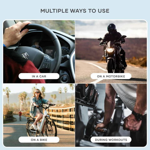 Bluetooth Media Button With Steering Wheel Mount For Cars And Bikes, showing usage in car, motorbike, bicycle, and gym setting