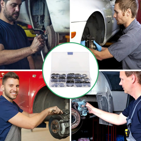Mechanics using 340 Piece Black Internal Tooth Lock Washers And Push On Clips Fasteners Kit during car repair