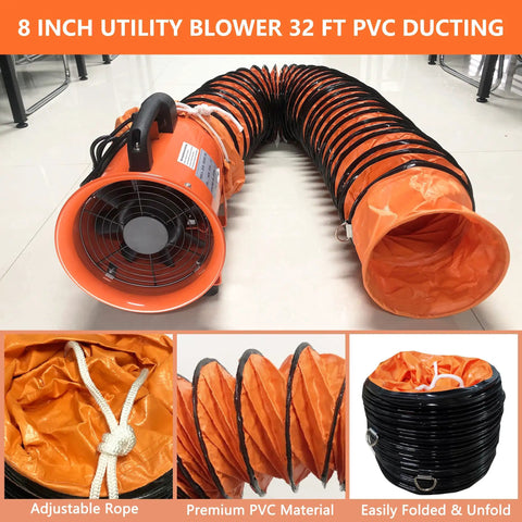 8 Inch Portable Axial Exhaust Fan With 900 CFM High Velocity Airflow, 230W Motor and 32 Ft Duct Hose in orange PVC with handle