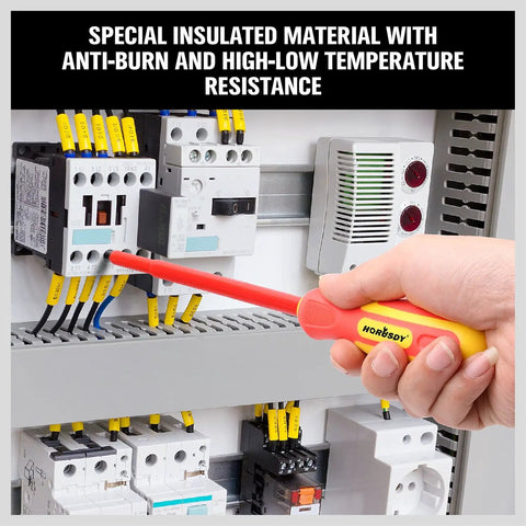 Person using Heavy Duty Six Piece Insulated Screwdriver Set With Sure Grip Magnetic Tips And Certified 1000V Safety Crafted Badass From Chromium Steel With Comfy Rubber Handles to work on electrical components.
