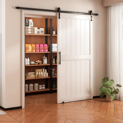 White 30X84 Inches Sliding Barn Door Smooth Rail System Floor Guide H-Frame Hardware Kit Waterproof PVC Surface in a room.