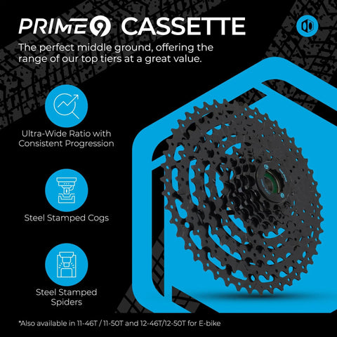 Prime 9 1x9 Multi Shift Mountain Bike Groupset Matte Black 9 Speed Drivetrain cassette diagram with features