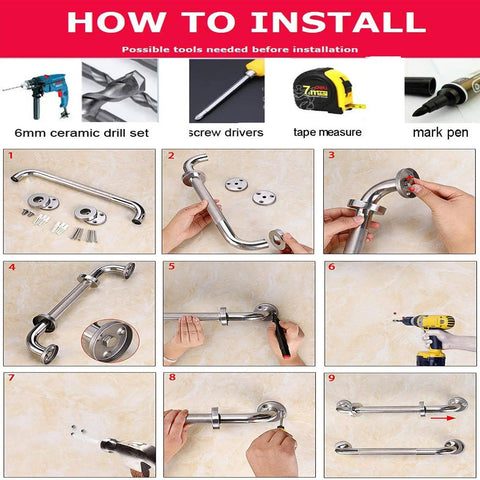 Installation guide for Built Tough 24 Inch Shower Grab Bars 2 Pack, showing tools and steps for mounting in bathroom.