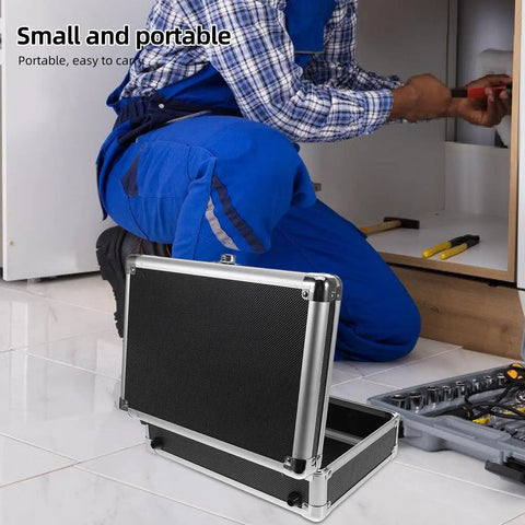 Rock Solid Portable Aluminum Alloy Toolbox With Lockable Handle And Ample Hardware Storage Featuring Sleek Modern Design For No Sweat Home Repairs And Pro Grade Workshop Setup, open toolbox beside user crouching.