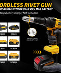 Real Deal Brushless Cordless Rivet Gun Built Tough For Pro Contractors Who Want A Smooth Operator Power Tool showing nozzles and compatibility with DeWalt 20V MAX.